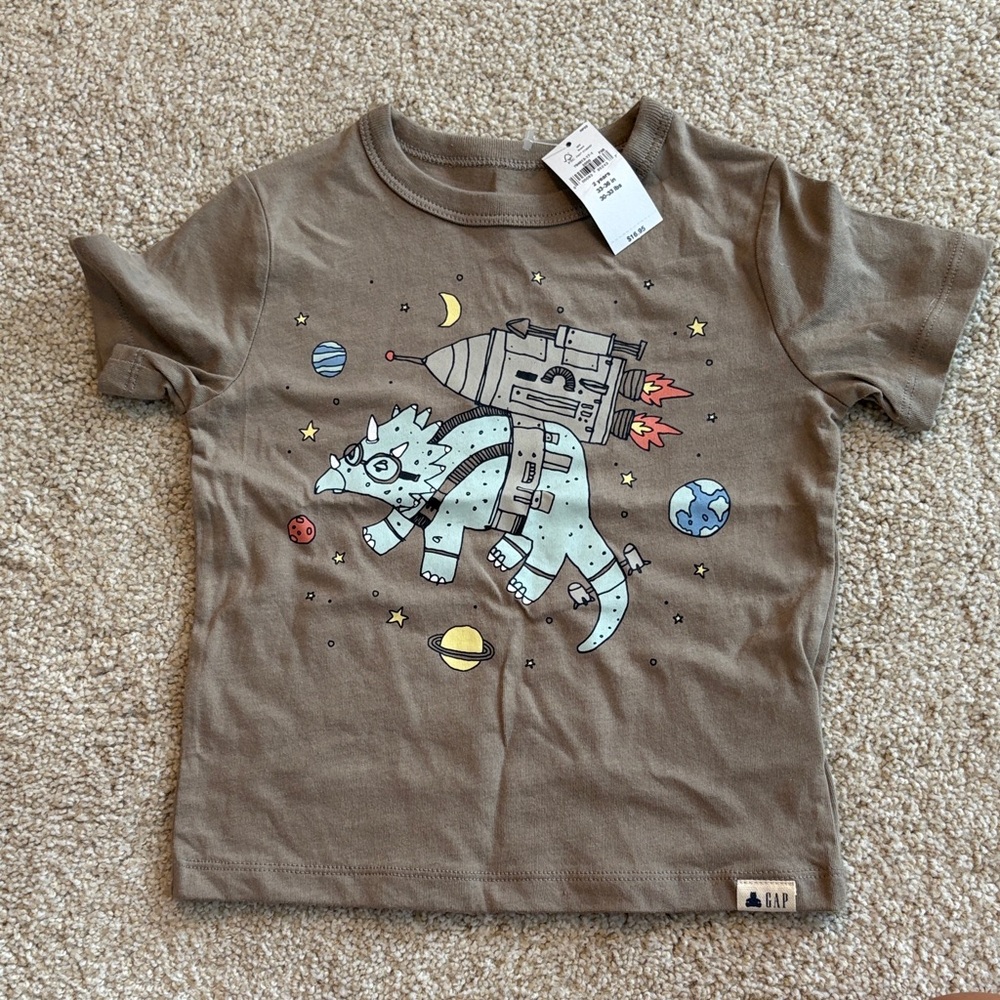 GAP Brown T-Shirt with Dinosaur and Rocket Design